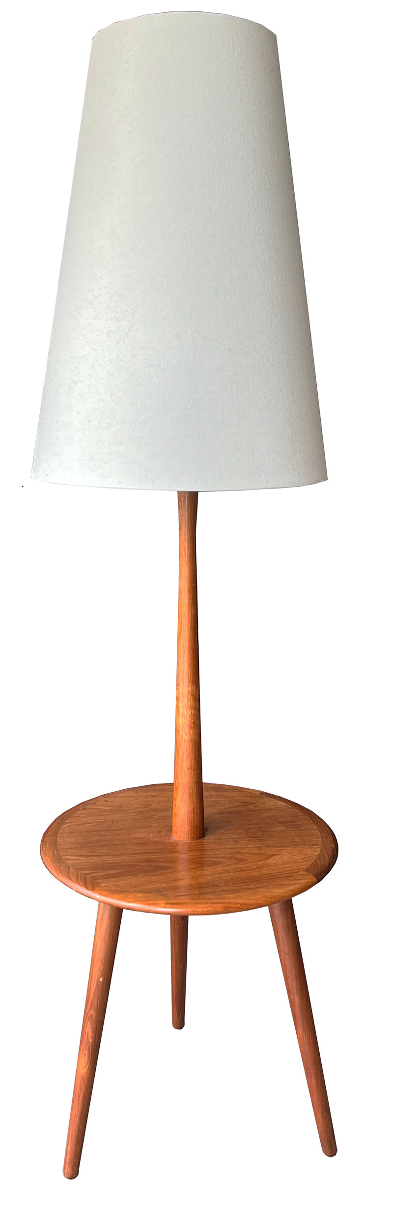 Vintage Mid Century 1960s Teak Tripod Floor Lamp with Built in Table and Hand Crafted Linen Shade