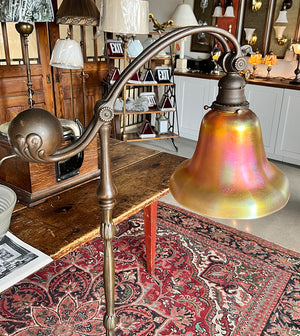 Antique Early 1900s Signed Tiffany Studios New York 619 Counter Balance Floor Lamp with Steuben Gold Aurene 8" Shade