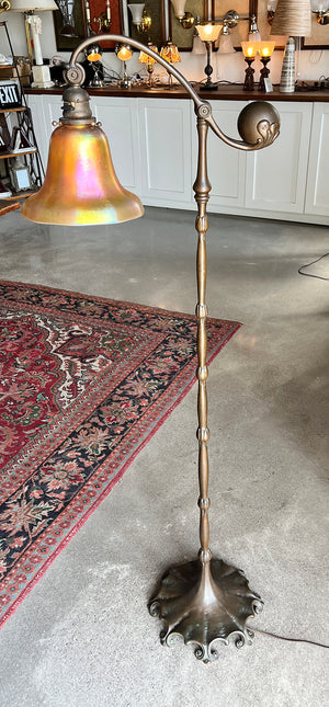 Antique Early 1900s Signed Tiffany Studios New York 619 Counter Balance Floor Lamp with Steuben Gold Aurene 8" Shade