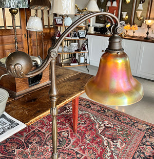 Antique Early 1900s Signed Tiffany Studios New York 619 Counter Balance Floor Lamp with Steuben Gold Aurene 8" Shade