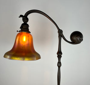 Antique Early 1900s Signed Tiffany Studios New York 619 Counter Balance Floor Lamp with Steuben Gold Aurene 8" Shade