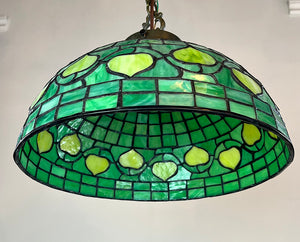 $600 PAIR - Pair of Reproduction Tiffany Square and Leaf Pattern Emerald Shades on Custom Verdegris Holders