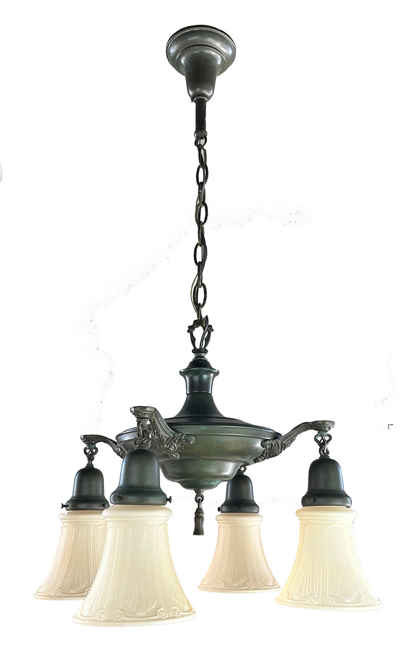 Antique Circa 1920 Four Light Pan with Cast Acanthus and Scroll Arms and Stepped Center Body