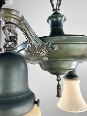 Antique Circa 1920 Four Light Pan with Cast Acanthus and Scroll Arms and Stepped Center Body