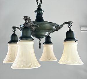 Antique Circa 1920 Four Light Pan with Cast Acanthus and Scroll Arms and Stepped Center Body