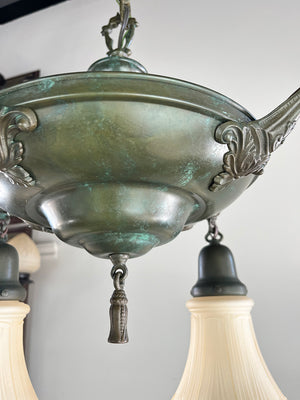 Antique Circa 1920 Four Light Pan with Cast Acanthus and Scroll Arms and Stepped Center Body
