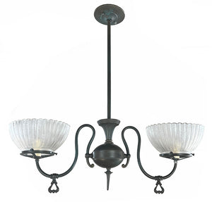 Antique 1900s Two Light American Art Nouveau Two Light Gas Fixture with Antique Ribbed Acid Etched Shades