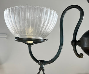 Antique 1900s Two Light American Art Nouveau Two Light Gas Fixture with Antique Ribbed Acid Etched Shades