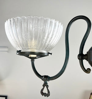 Antique 1900s Two Light American Art Nouveau Two Light Gas Fixture with Antique Ribbed Acid Etched Shades