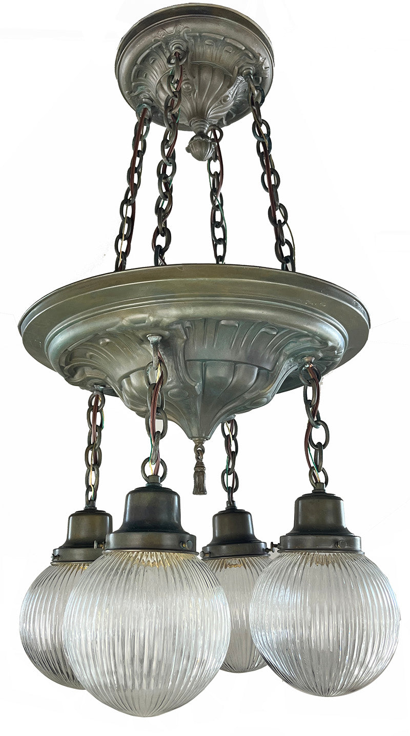 Antique Circa 1905 Four Light Embossed Beaux Arts Cascade with Ribbed Holophane Shades
