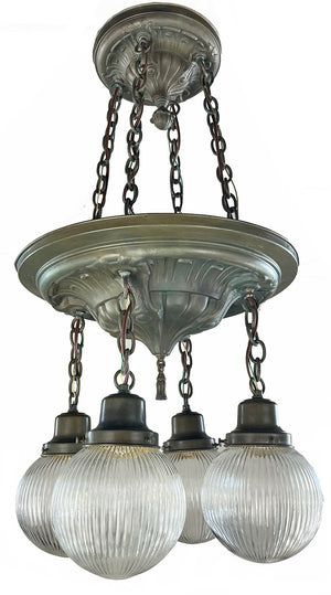 Antique Circa 1905 Four Light Embossed Beaux Arts Cascade with Ribbed Holophane Shades
