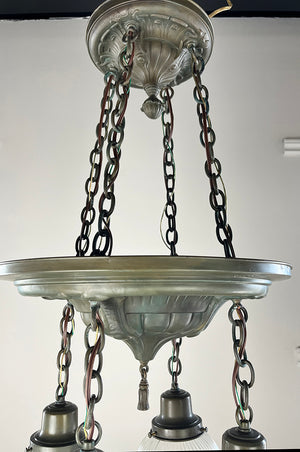 Antique Circa 1905 Four Light Embossed Beaux Arts Cascade with Ribbed Holophane Shades