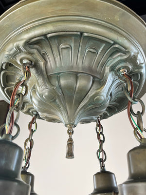 Antique Circa 1905 Four Light Embossed Beaux Arts Cascade with Ribbed Holophane Shades