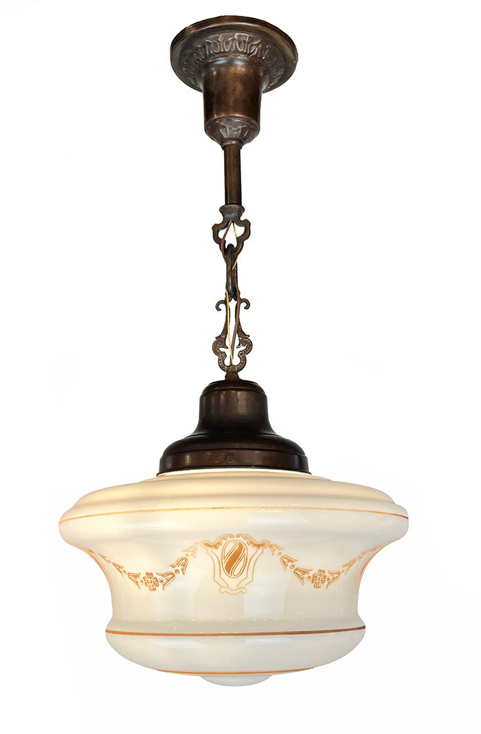Antique Circa 1920 Neo Classical Pendant with Crest and Draped Garland Motif Shade