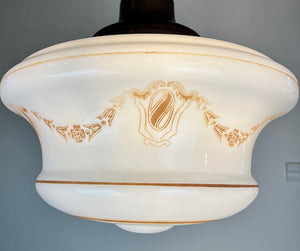 Antique Circa 1920 Neo Classical Pendant with Crest and Draped Garland Motif Shade