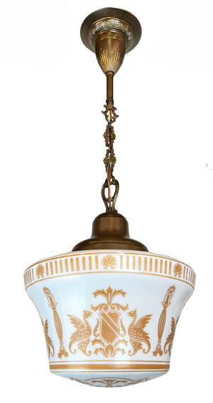 Antique Circa 1910 Neo Classical Pendant with Crest, Column and Gryphon Amber Etched and Opal Shade