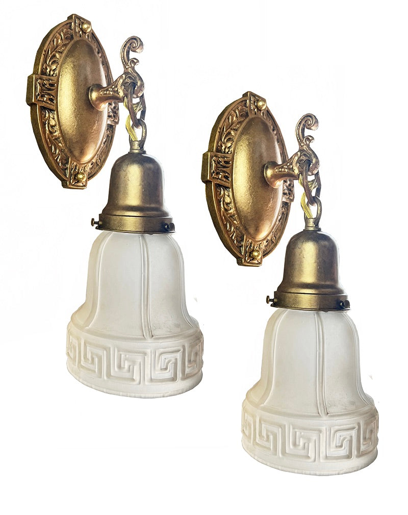 $600 PAIR - Antique 1915 Edwardian Original Painted Cast Iron Wall Sconces with Original Greek Key Shades