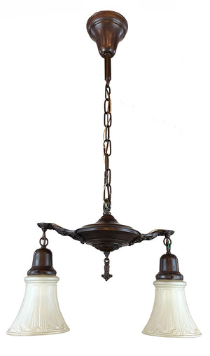 Antique Circa 1920 Two Light Pan Fixture with Embossed Sheraton Patterned Bottom and Cast Scroll and Open Work Arms