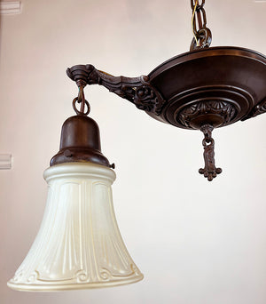 Antique Circa 1920 Two Light Pan Fixture with Embossed Sheraton Patterned Bottom and Cast Scroll and Open Work Arms