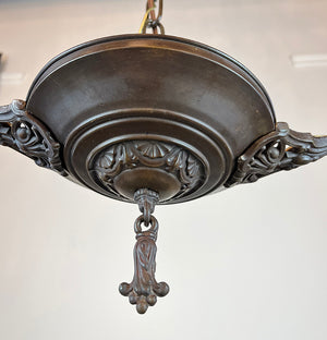 Antique Circa 1920 Two Light Pan Fixture with Embossed Sheraton Patterned Bottom and Cast Scroll and Open Work Arms