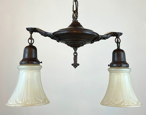 Antique Circa 1920 Two Light Pan Fixture with Embossed Sheraton Patterned Bottom and Cast Scroll and Open Work Arms