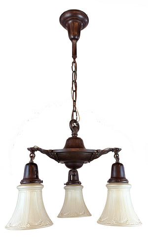 Antique Circa 1920 Three Light Pan Fixture with Stepped Center Body and Cast Edwardian Arms