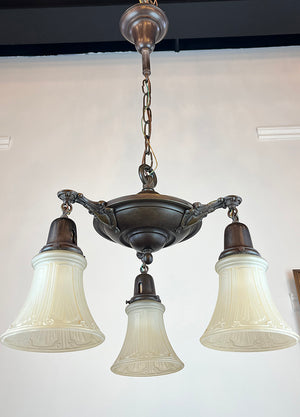 Antique Circa 1920 Three Light Pan Fixture with Stepped Center Body and Cast Edwardian Arms