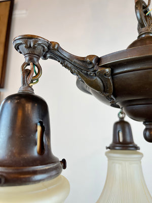Antique Circa 1920 Three Light Pan Fixture with Stepped Center Body and Cast Edwardian Arms