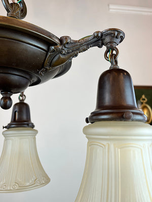Antique Circa 1920 Three Light Pan Fixture with Stepped Center Body and Cast Edwardian Arms