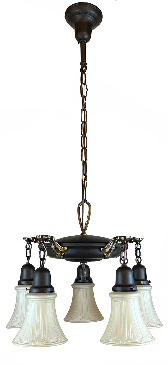 Antique Circa 1920 Five Light Pan With Original Polychrome Bronze and Brass Finish
