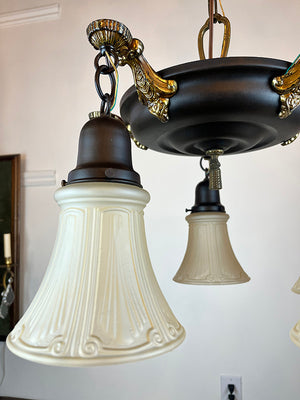 Antique Circa 1920 Five Light Pan With Original Polychrome Bronze and Brass Finish
