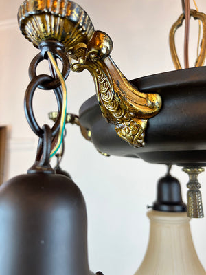 Antique Circa 1920 Five Light Pan With Original Polychrome Bronze and Brass Finish