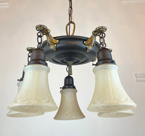 Antique Circa 1920 Five Light Pan With Original Polychrome Bronze and Brass Finish