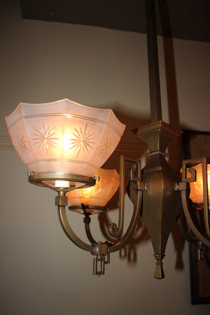 Antique Circa 1900 Four Light, Gas Converted Fixture With Exceptional Star Cut Sided Shades