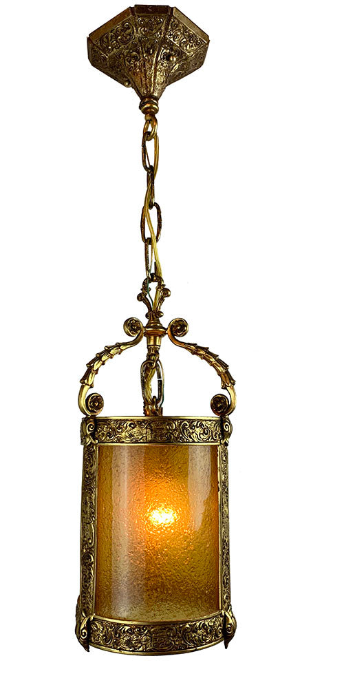 Tudor Revival Lantern Crackle Amber Glass