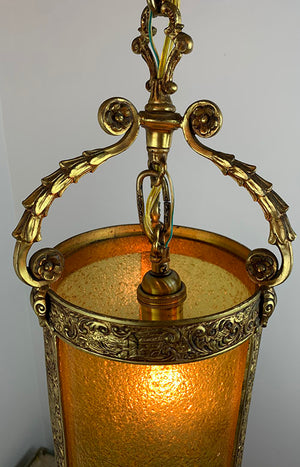 Antique Circa 1910-20s Era Tudor Revival Lantern with Original Antiqued Gold Finish and Crackle Amber Glass Cylinder