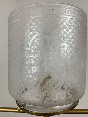 Antique Circa 1880s Eastlake Converted Gas Hoop with Original Acid Etched Sparrow Cylinder Shade