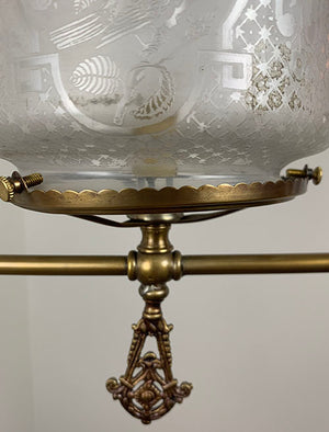 Antique Circa 1880s Eastlake Converted Gas Hoop with Original Acid Etched Sparrow Cylinder Shade