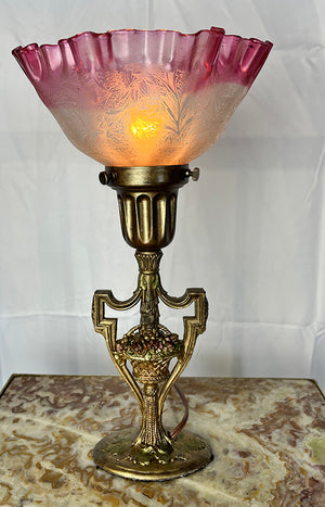 Antique Circa 1910 Petite Floral Basket and Urn Table Lamp with Original Poly Chrome Finish and Original Ruffled Ruby Tipped Shade