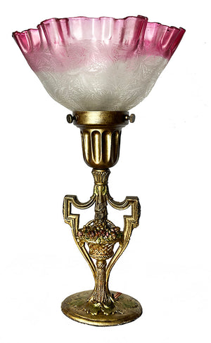 Antique Circa 1910 Petite Floral Basket and Urn Table Lamp with Original Poly Chrome Finish and Original Ruffled Ruby Tipped Shade