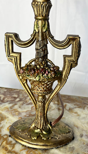 Antique Circa 1910 Petite Floral Basket and Urn Table Lamp with Original Poly Chrome Finish and Original Ruffled Ruby Tipped Shade