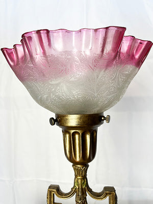 Antique Circa 1910 Petite Floral Basket and Urn Table Lamp with Original Poly Chrome Finish and Original Ruffled Ruby Tipped Shade