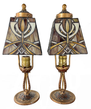 $700 PAIR - Antique Stained Glass Boudoir Lamps with Polychome Bases
