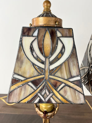 $700 PAIR - Antique Stained Glass Boudoir Lamps with Polychome Bases
