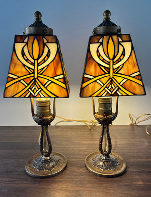 $700 PAIR - Antique Stained Glass Boudoir Lamps with Polychome Bases