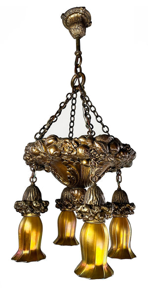 Stunning Antique 1905-1900 Cast Plaster and Gesso Bronzed Chain Suspended Chandelier with Signed Quezal Gold Aurene Shades
