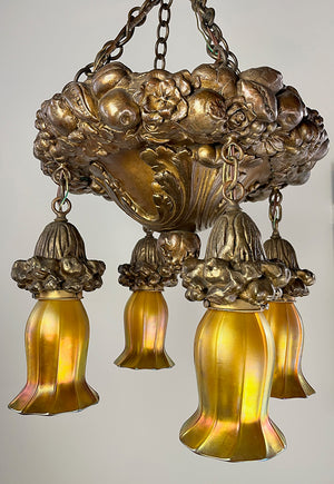 Stunning Antique 1905-1900 Cast Plaster and Gesso Bronzed Chain Suspended Chandelier with Signed Quezal Gold Aurene Shades