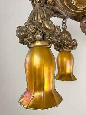 Stunning Antique 1905-1900 Cast Plaster and Gesso Bronzed Chain Suspended Chandelier with Signed Quezal Gold Aurene Shades