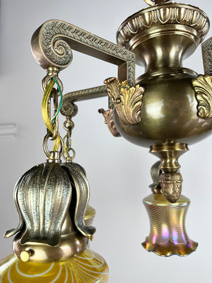 Exceptional Antique Circa 1905 Five Light Art Nouveau Edwardian Chandelier with Antique American Gold Aurene Pulled Feather Shades
