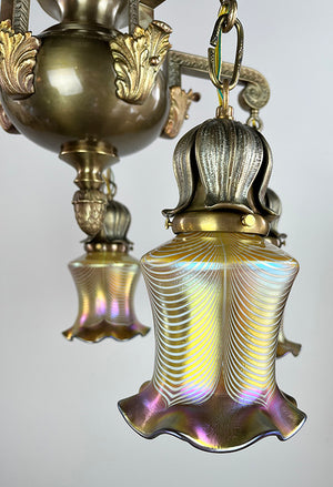 Exceptional Antique Circa 1905 Five Light Art Nouveau Edwardian Chandelier with Antique American Gold Aurene Pulled Feather Shades